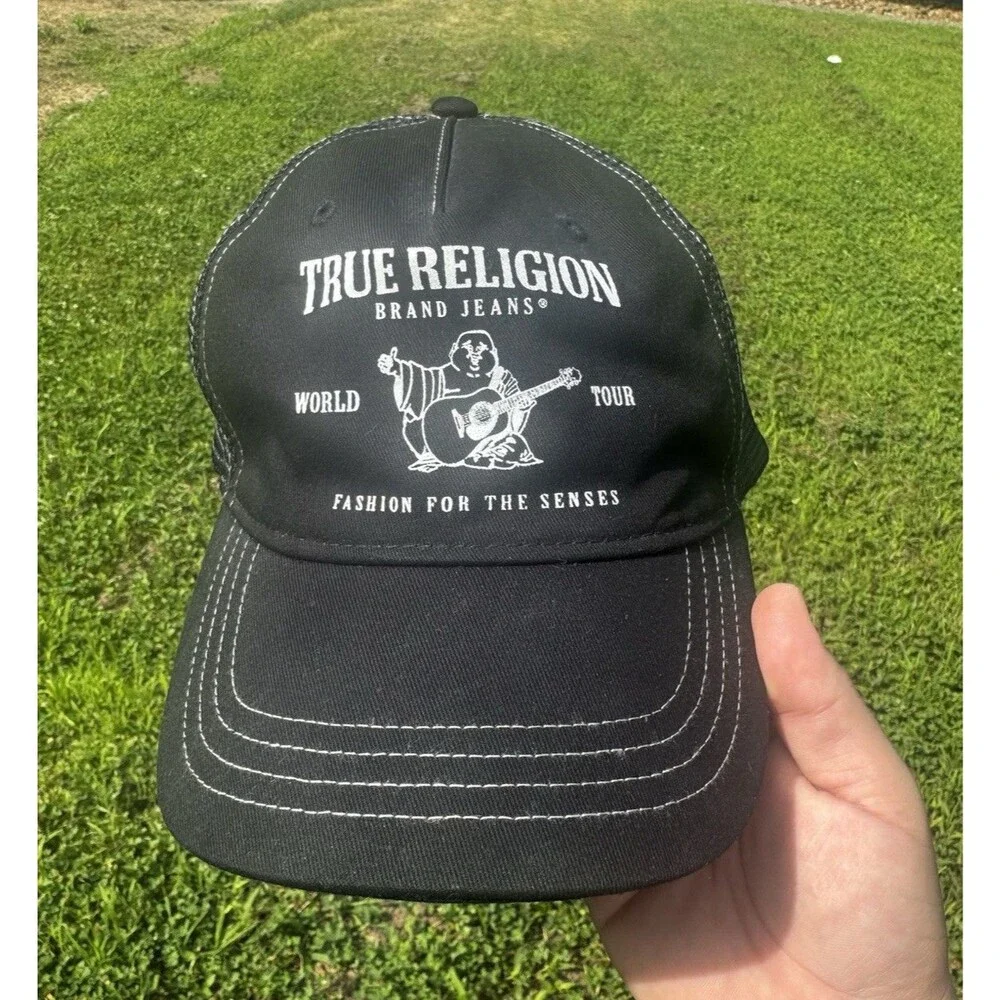Y2K True Religion World Tour Buddha Black Mesh Back Adjustable Trucker Hat NWOT